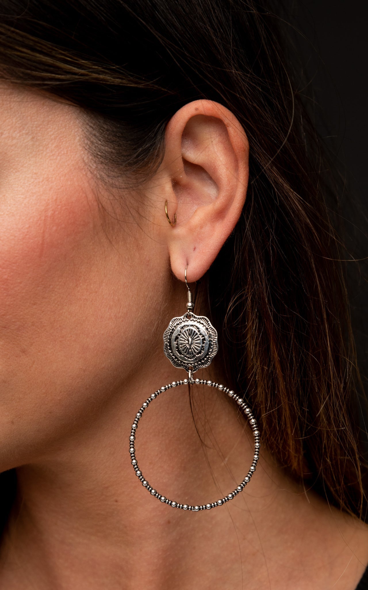 Silver Dangle Hoop with Concho Accent