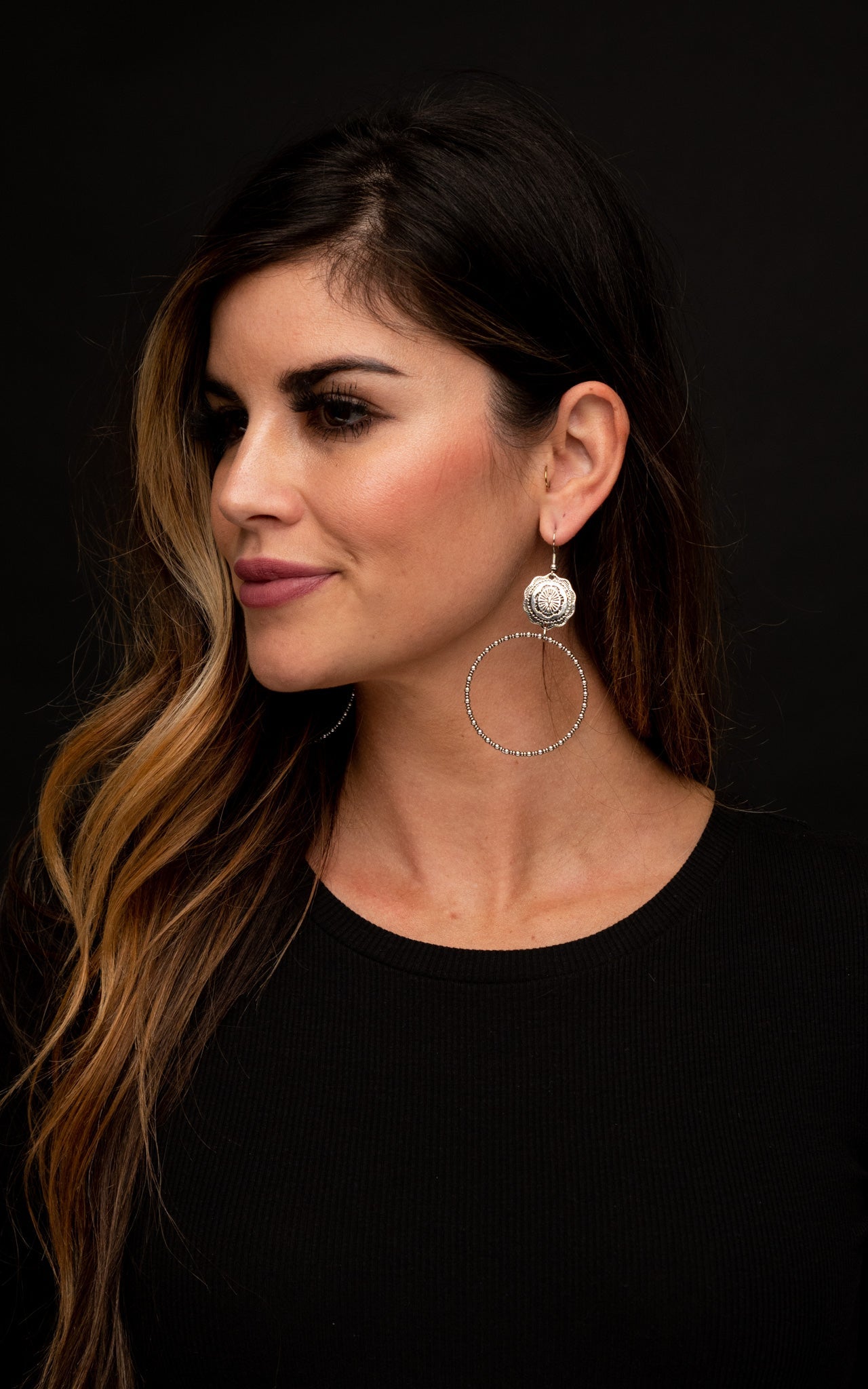 Silver Dangle Hoop with Concho Accent