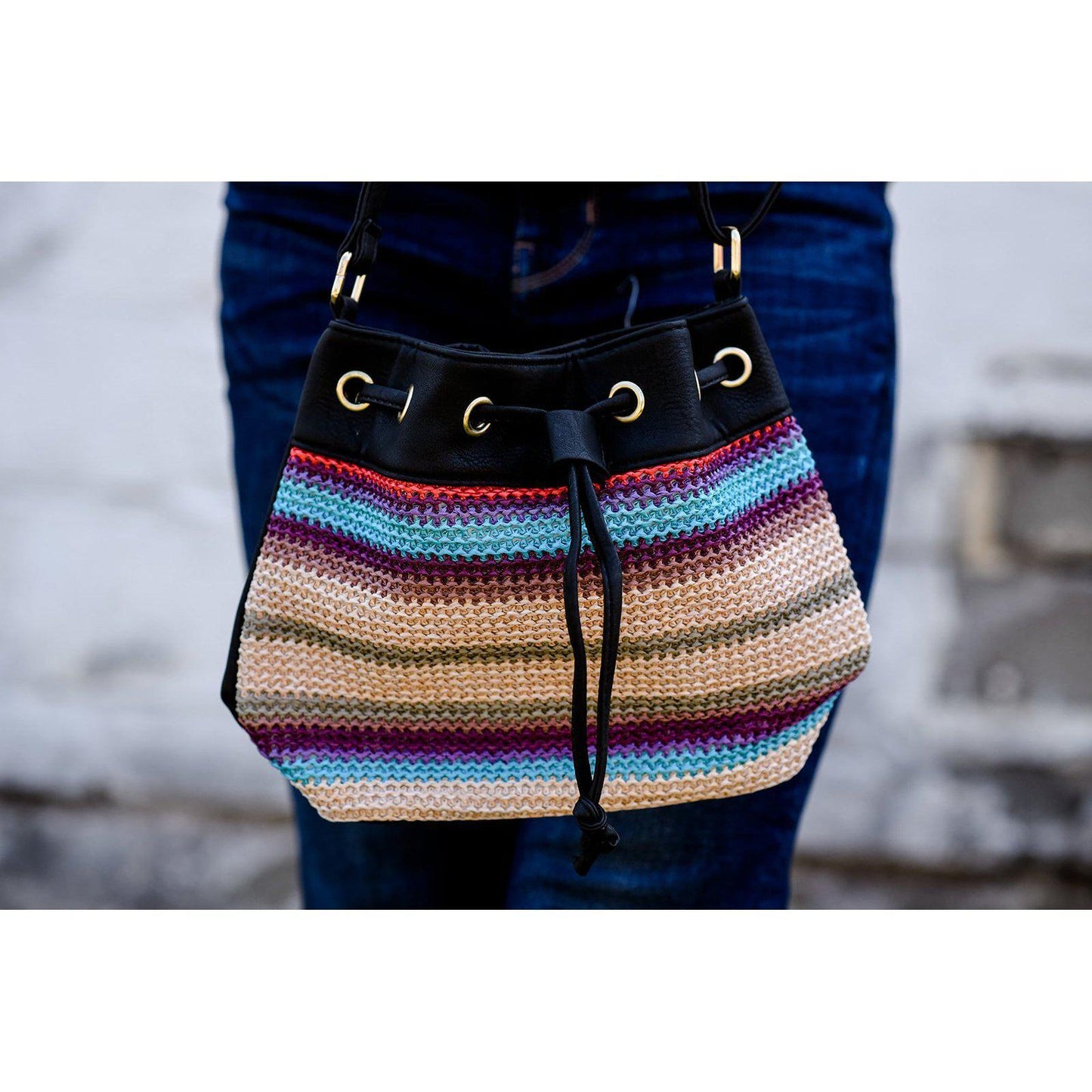 Vintage Bohemian Bucket Bag in Black