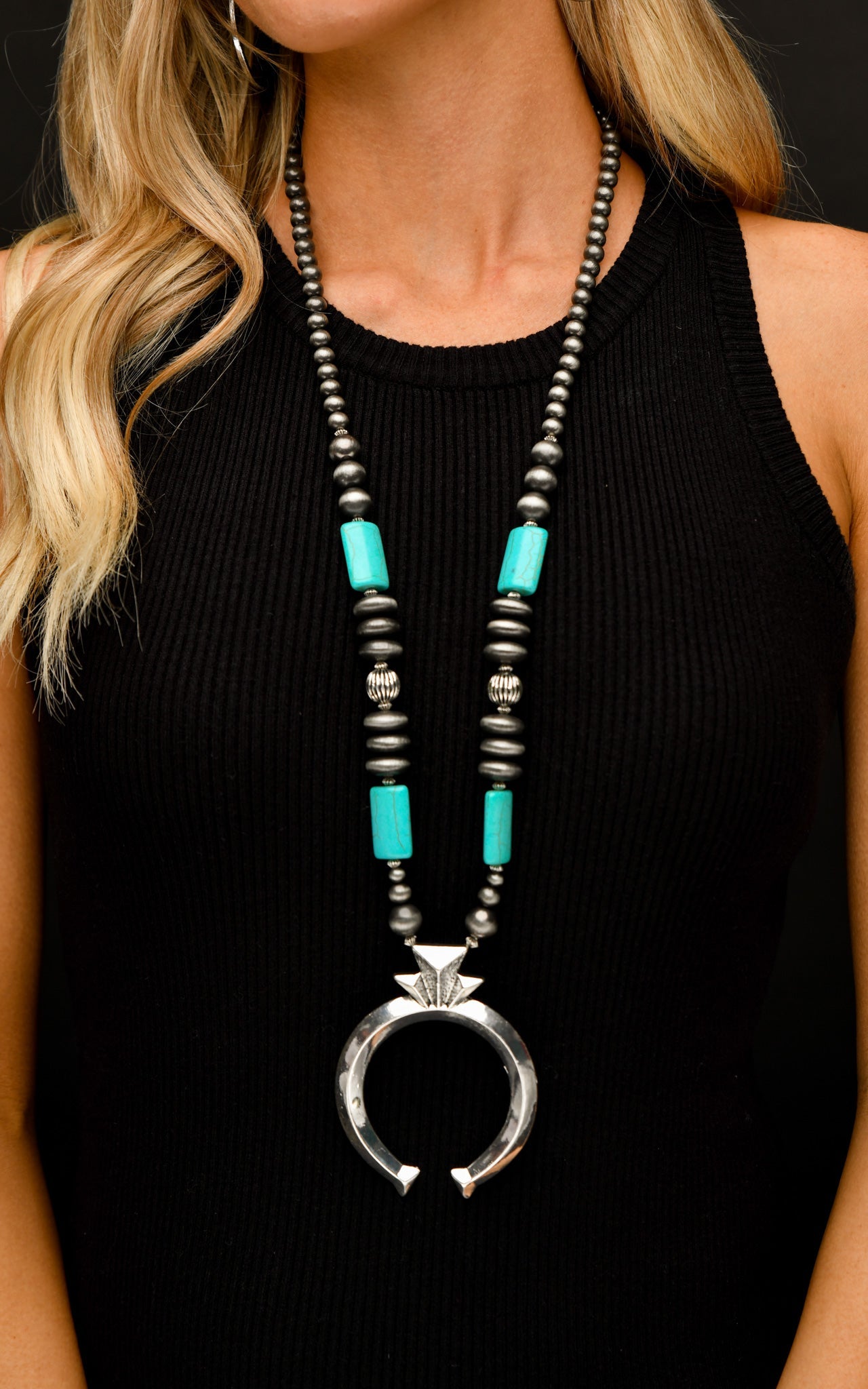 Faux Navajo Pearl and Turquoise Necklace with Large Naja Pendant