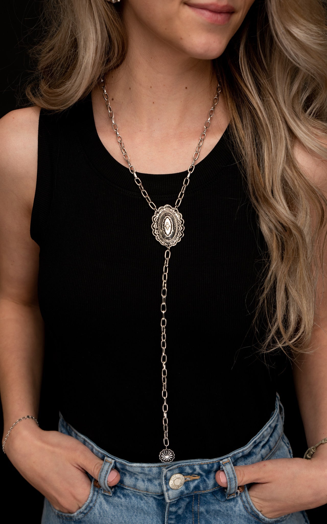 Silver Chain Lariat with Concho Accents