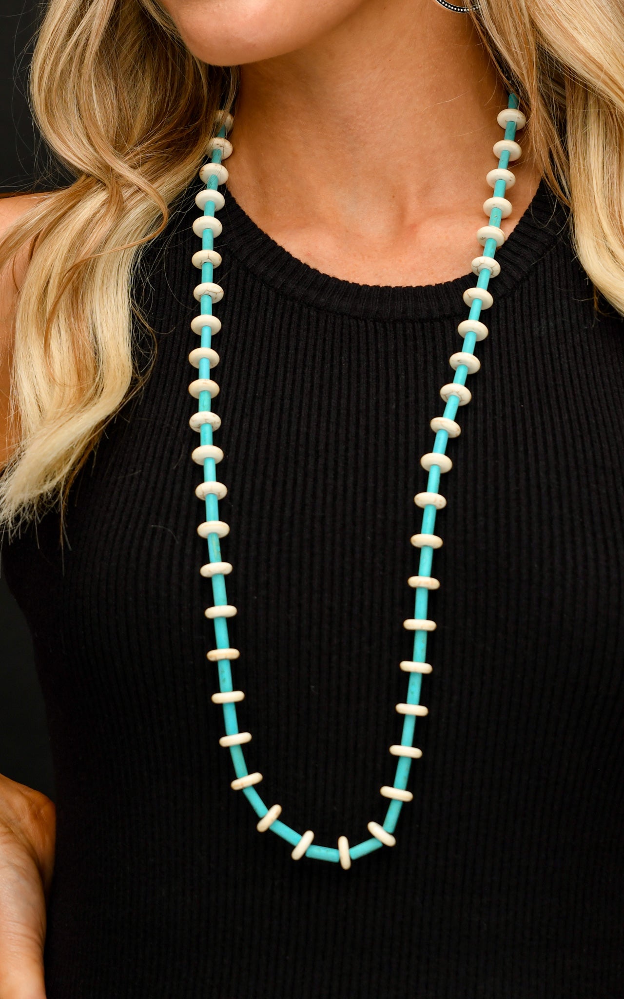 Turquoise Tube and Ivory Disc Beaded Necklace