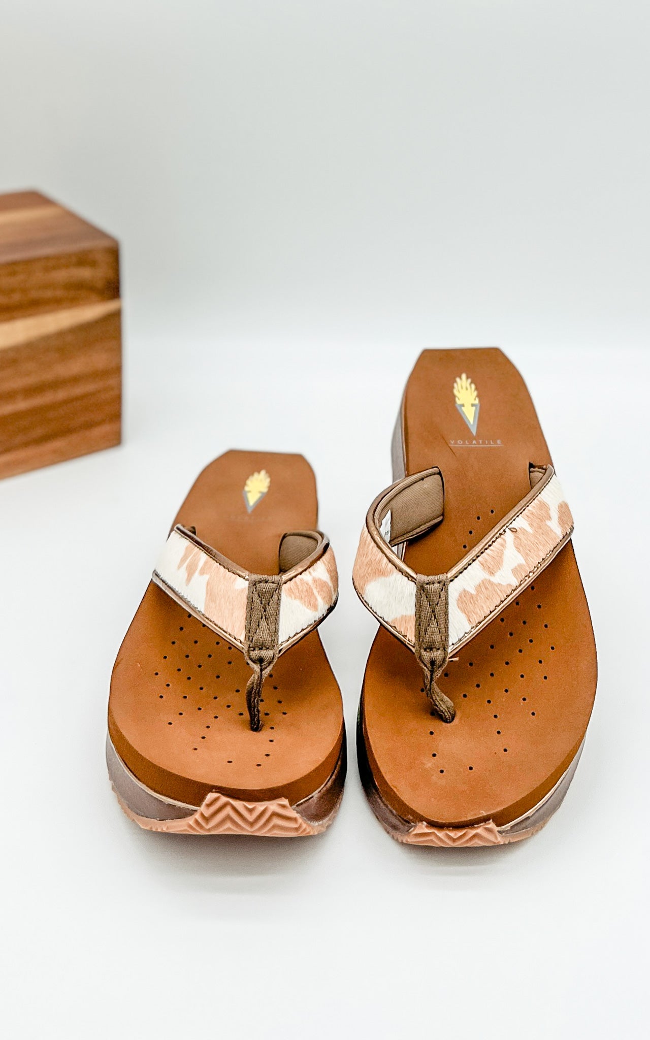 Volatile Neville Sandals in Tan with White Cowhide Straps