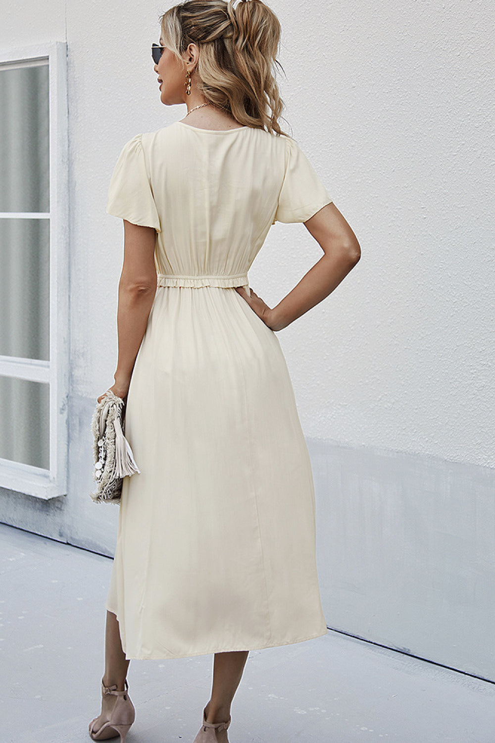 Smocked Frill Trim Short Sleeve Midi Dress