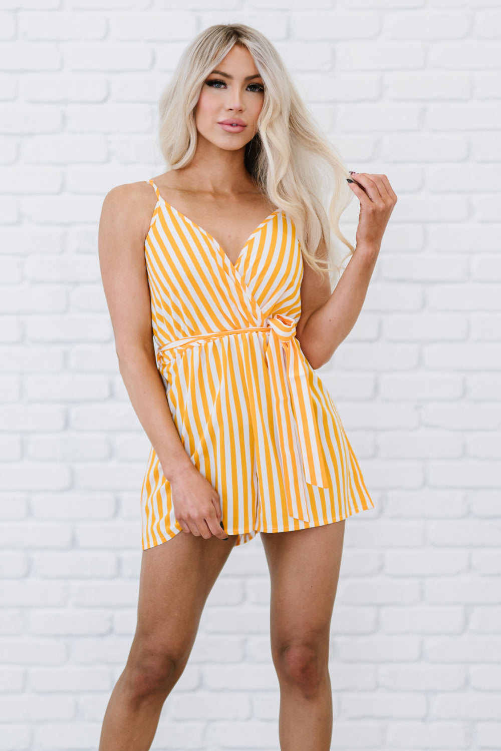 Striped Spaghetti Strap Tie-Waist Romper