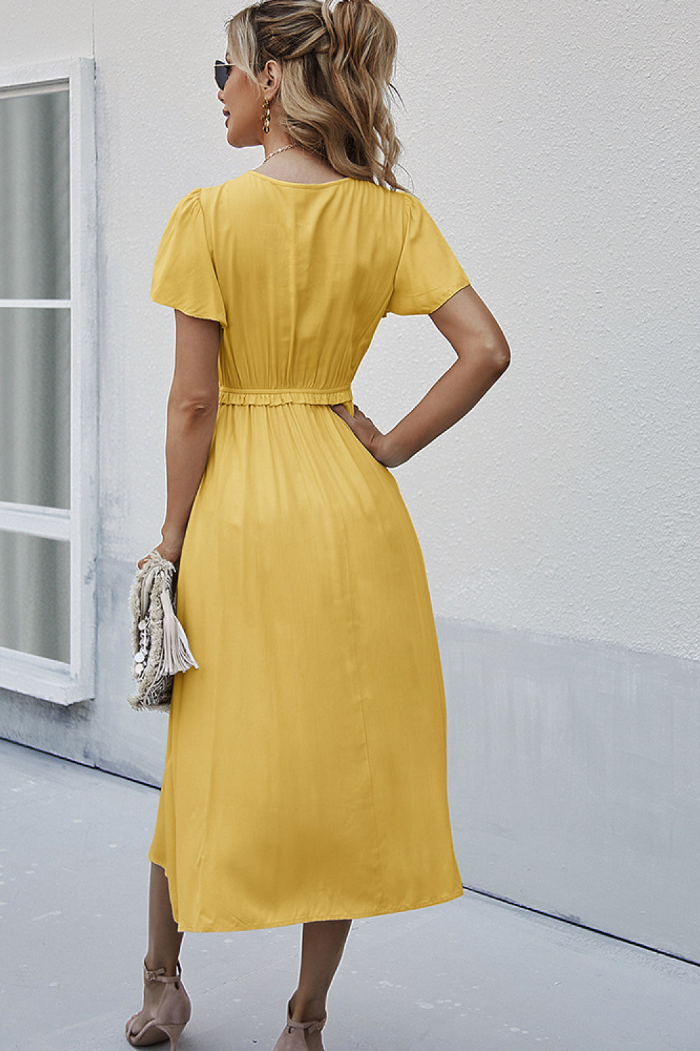 Smocked Frill Trim Short Sleeve Midi Dress