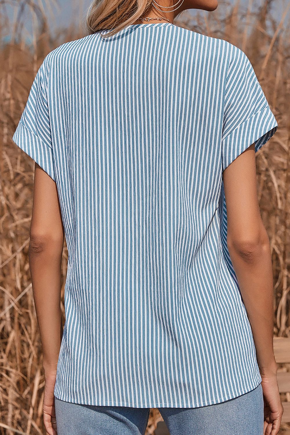 Striped V-Neck Short Sleeve Blouse