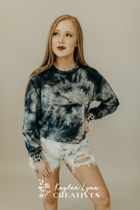 Plain Tie Dye & Leopard Cuffs Sweat Shirt