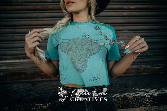 Teal Crop Top Highland Cow