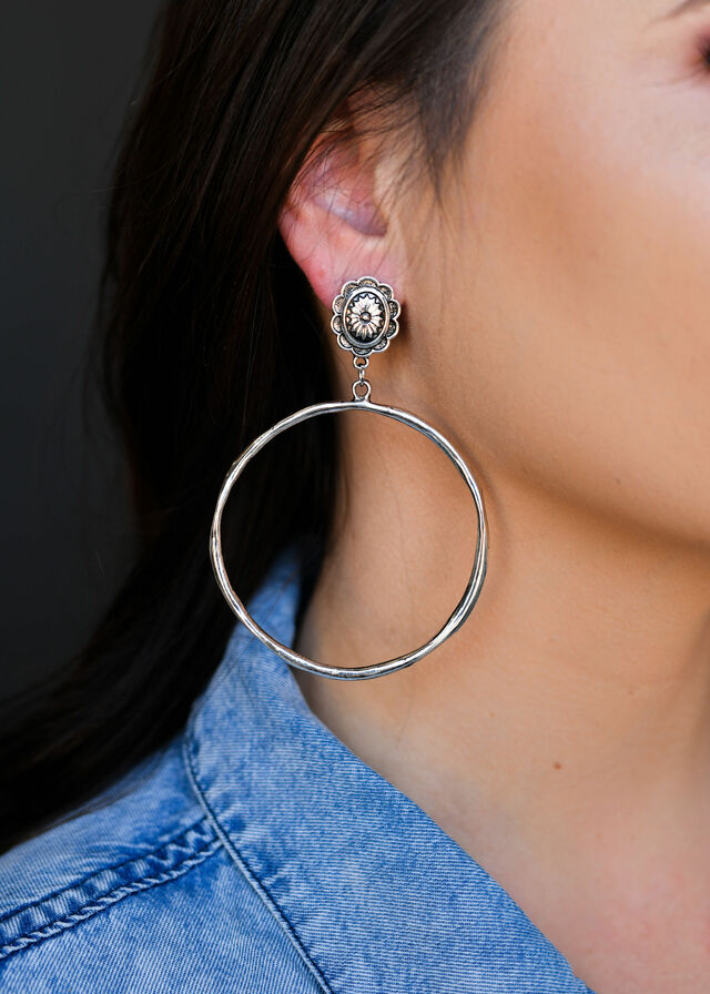 Burnished Hammer Hoop Earring with Silver Flower Post