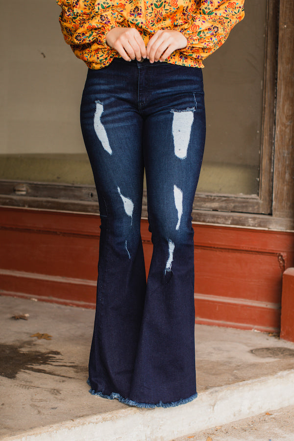 Dark Wash Distressed Extreme Flare Jeans