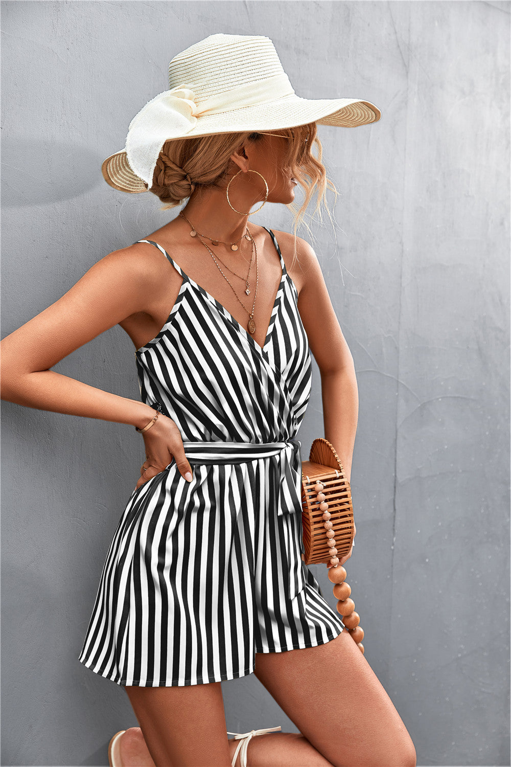 Striped Spaghetti Strap Tie-Waist Romper