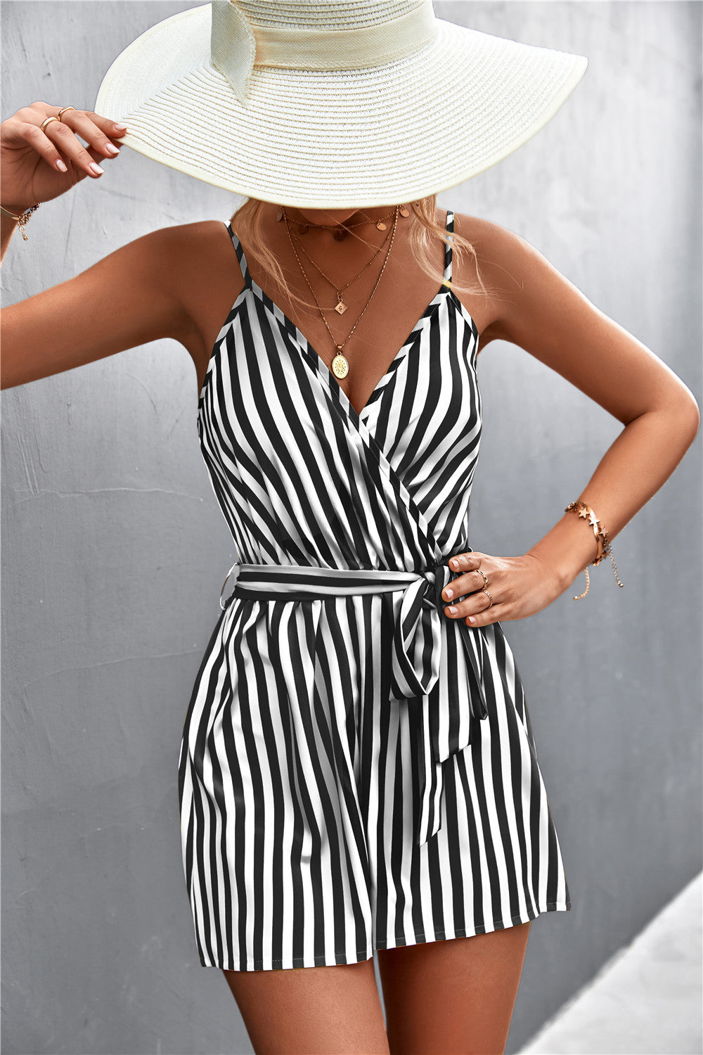 Striped Spaghetti Strap Tie-Waist Romper