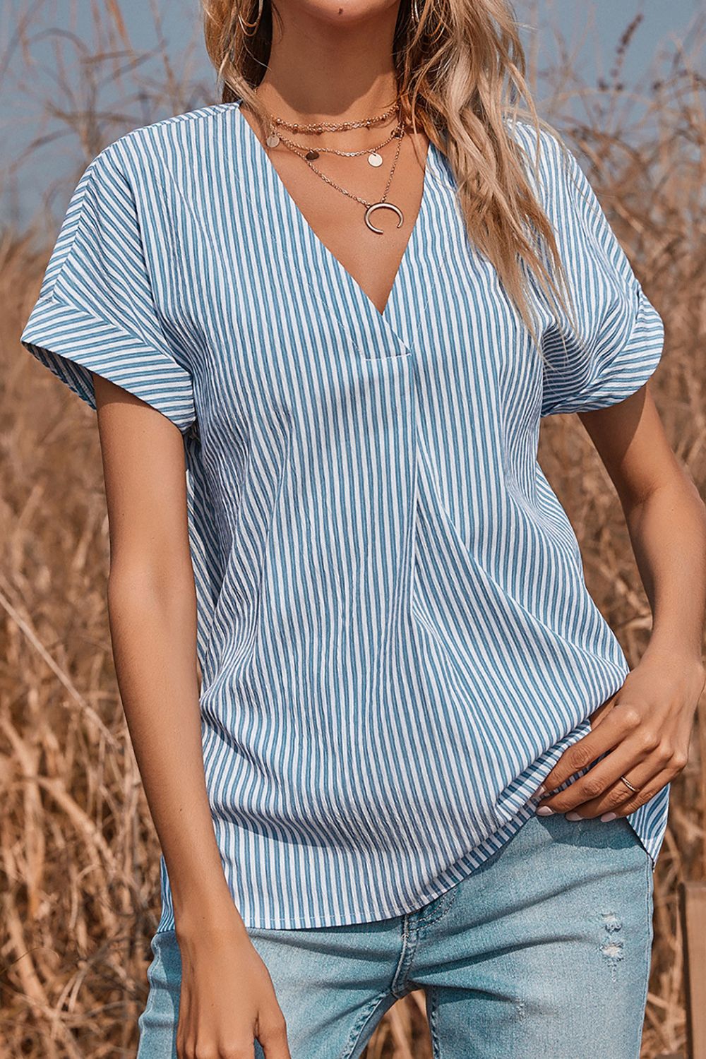 Striped V-Neck Short Sleeve Blouse