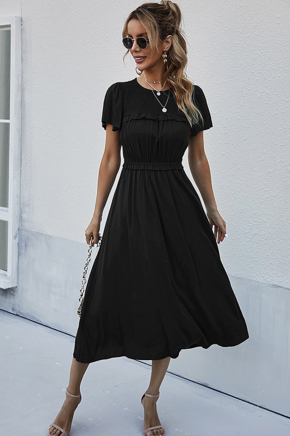 Smocked Frill Trim Short Sleeve Midi Dress