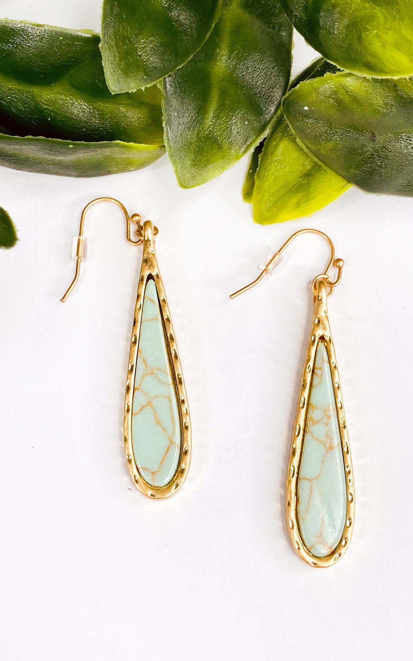 Hammered Gold Teardrop Earrings with Turquoise Accent