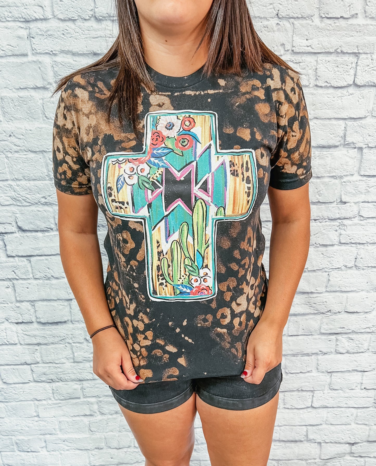 Bleached Leopard Floral Cross