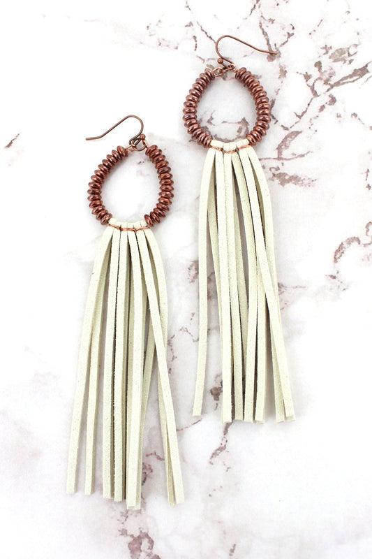 IVORY AND COPPERTONE BEADED TEARDROP TASSEL EARRINGS